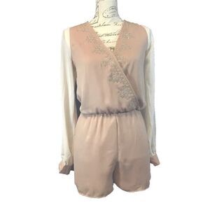 Marineblu Romper Small Beige Cream Long Sl Wrap Open Back Rhinestone One Piece